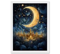 Wall Art Print Golden City in the Clouds Surreal Artwork Blue Gold Crescent Moon Starry Night Fairytale Artwork Framed A4 Artery8 White A4