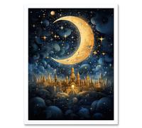 Artery8 Wall Art Print Golden City in the Clouds Surreal Artwork Blue Gold Crescent Moon Starry Night Fairytale Art Framed | Size: W12" x H16" Artery8 White W12" x H16"