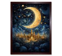 Artery8 Wall Art Print Golden City in the Clouds Surreal Artwork Blue Gold Crescent Moon Starry Night Fairytale Art Framed | Size: W12" x H16" Artery8 Brown W12" x H16"