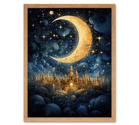 Artery8 Wall Art Print Golden City in the Clouds Surreal Artwork Blue Gold Crescent Moon Starry Night Fairytale Art Framed | Size: W12" x H16" Artery8 Light Oak W12" x H16"