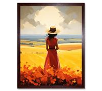 Artery8 Wall Art Print Golden Countryside by the Sea Oil Painting Woman Looking over Horizon in Coastal Farmland Landscape Art Framed Artery8 Brown W12" x H16"