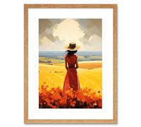 Artery8 Wall Art Print Golden Countryside by the Sea Oil Painting Woman Looking over Horizon in Coastal Farmland Landscape Artwork Framed 9X7 Inch Artery8 Beige W7" x H9"