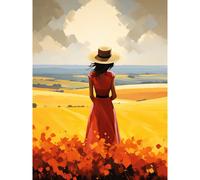 Artery8 Wall Art Print Golden Countryside by the Sea Oil Painting Woman Looking over Horizon in Coastal Farmland Landscape Poster | Size: W24" x H32" Artery8 Yellow W24" x H32"