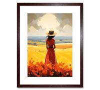 Artery8 Wall Art Print Golden Countryside by the Sea Oil Painting Woman Looking over Horizon in Coastal Farmland Landscape Artwork Framed 9X7 Inch Artery8 Brown W7" x H9"