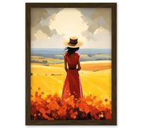 Artery8 Wall Art Print Golden Countryside by the Sea Oil Painting Woman Looking over Horizon in Coastal Farmland Landscape Artwork Framed A4 in Brown Artery8 Brown A4