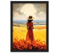 Artery8 Wall Art Print Golden Countryside by the Sea Oil Painting Woman Looking over Horizon in Coastal Farmland Landscape Artwork Framed A4 in Black Artery8 Black A4