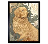 Artery8 Wall Art Print Golden Retriever Dog in Nature Soft Pastel Colour Art Framed in Black | Size: W12" x H16" Artery8 Black W12" x H16"