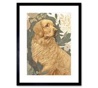 Artery8 Wall Art Print Golden Retriever Dog in Nature Soft Pastel Colour Artwork Framed 9X7 Inch in Black | Size: W7" x H9" Artery8 Black W7" x H9"