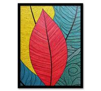 Artery8 Gond Painting Style Close Up Leaves Artwork Red Yellow Blue Line Drawing Stylised Patterns Artwork Framed Wall Art Print A4