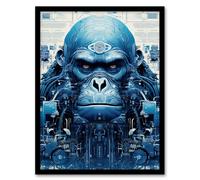 Artery8 Wall Art Print Gorilla Army Robot Hybrid Schematic Blue Futuristic Secret Complex Arcane Manuscript Gift For Him Man Cave Art Framed Artery8 Black W12" x H16"