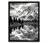 Artery8 Grand Teton Reflected in Snake River Black and White Artwork Framed Wall Art Print A4