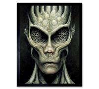 Artery8 Wall Art Print Gray Alien Gothic Horror Dark Monochrome Art Framed in Black | Size: W12" x H16" Artery8 Black W12" x H16"
