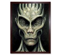 Artery8 Wall Art Print Gray Alien Gothic Horror Dark Monochrome Art Framed in Brown | Size: W12" x H16" Artery8 Brown W12" x H16"