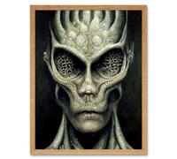 Artery8 Wall Art Print Gray Alien Gothic Horror Dark Monochrome Art Framed in Light Oak | Size: W12" x H16" Artery8 Light Oak W12" x H16"