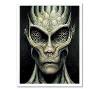 Artery8 Wall Art Print Gray Alien Gothic Horror Dark Monochrome Art Framed in White | Size: W12" x H16" Artery8 White W12" x H16"