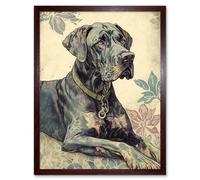 Artery8 Wall Art Print Great Dane Dog with Floral Pattern Modern Linocut Art Framed in Brown | Size: W12" x H16" Artery8 Brown W12" x H16"