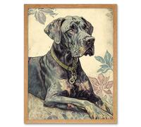 Artery8 Wall Art Print Great Dane Dog with Floral Pattern Modern Linocut Art Framed in Light Oak | Size: W12" x H16" Artery8 Light Oak W12" x H16"