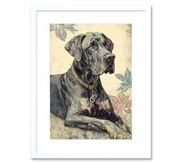 Artery8 Wall Art Print Great Dane Dog with Floral Pattern Modern Linocut Artwork Framed 9X7 Inch in White | Size: W7" x H9" Artery8 White W7" x H9"