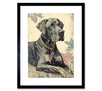 Artery8 Wall Art Print Great Dane Dog with Floral Pattern Modern Linocut Artwork Framed 9X7 Inch in Black | Size: W7" x H9" Artery8 Black W7" x H9"