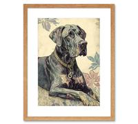 Artery8 Wall Art Print Great Dane Dog with Floral Pattern Modern Linocut Artwork Framed 9X7 Inch in Beige | Size: W7" x H9" Artery8 Beige W7" x H9"