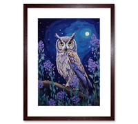 Artery8 Wall Art Print Great Horned Owl in Lavender Field Oil Painting Blue Purple Full Moon Night in the Countryside Artwork Framed 9X7 Inch Artery8 Brown W7" x H9"