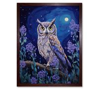 Artery8 Wall Art Print Great Horned Owl in Lavender Field Oil Painting Blue Purple Full Moon Night in the Countryside Art Framed | Size: W12" x H16" Artery8 Brown W12" x H16"
