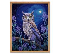 Artery8 Wall Art Print Great Horned Owl in Lavender Field Oil Painting Blue Purple Full Moon Night in the Countryside Art Framed | Size: W12" x H16" Artery8 Light Oak W12" x H16"