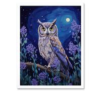 Artery8 Wall Art Print Great Horned Owl in Lavender Field Oil Painting Blue Purple Full Moon Night in the Countryside Art Framed | Size: W12" x H16" Artery8 White W12" x H16"