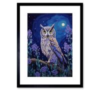 Artery8 Wall Art Print Great Horned Owl in Lavender Field Oil Painting Blue Purple Full Moon Night in the Countryside Artwork Framed 9X7 Inch Artery8 Black W7" x H9"
