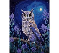 Artery8 Wall Art Print Great Horned Owl in Lavender Field Oil Painting Blue Purple Full Moon Night in the Countryside Poster | Size: W12" x H16" Artery8 Blue W12" x H16"
