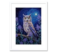 Artery8 Wall Art Print Great Horned Owl in Lavender Field Oil Painting Blue Purple Full Moon Night in the Countryside Artwork Framed 9X7 Inch Artery8 White W7" x H9"