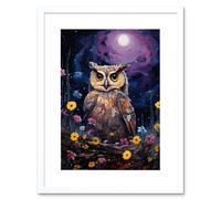 Artery8 Wall Art Print Great Horned Owl Portrait w/ Lavender Full Moon Oil Painting Spring Night in Countryside Flower Meadow Artwork Framed 9X7 Inch Artery8 White W7" x H9"