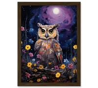 Artery8 Great Horned Owl Portrait with Lavender Full Moon Oil Painting Spring Night in Countryside Flower Meadow Artwork Framed Wall Art Print A4
