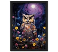 Artery8 Wall Art Print Great Horned Owl Portrait with Lavender Full Moon Oil Painting Spring Night in Countryside Flower Meadow Artwork Framed A4 Artery8 Black A4