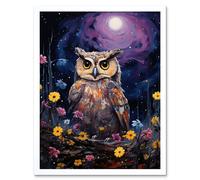 Artery8 Wall Art Print Great Horned Owl Portrait with Lavender Full Moon Oil Painting Spring Night in Countryside Flower Meadow Art Framed Artery8 White W12" x H16"