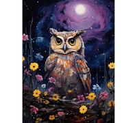 Artery8 Wall Art Print Great Horned Owl Portrait with Lavender Full Moon Oil Painting Spring Night in Countryside Flower Meadow Poster Artery8 Purple W18" x H24"