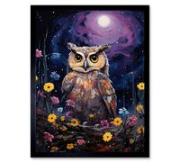 Artery8 Wall Art Print Great Horned Owl Portrait with Lavender Full Moon Oil Painting Spring Night in Countryside Flower Meadow Art Framed Artery8 Black W12" x H16"