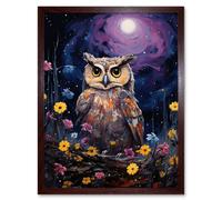 Artery8 Wall Art Print Great Horned Owl Portrait with Lavender Full Moon Oil Painting Spring Night in Countryside Flower Meadow Art Framed Artery8 Brown W12" x H16"
