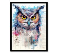 Artery8 Wall Art Print Great Horned Owl Robot Hybrid Secret Military Schematic Blue Futuristic Complex Arcane Manuscript Gift For Him Man Cave Art Artery8 Black W12" x H16"