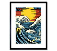 Artery8 Wall Art Print Great Waves Linocut Comic Book Style Seascape Sunset Polka Dot Halftone Artwork Framed 9X7 Inch in Black | Size: W7" x H9" Artery8 Black W7" x H9"