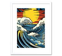 Artery8 Wall Art Print Great Waves Linocut Comic Book Style Seascape Sunset Polka Dot Halftone Artwork Framed 9X7 Inch in White | Size: W7" x H9" Artery8 White W7" x H9"