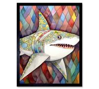 Artery8 Wall Art Print Great White Shark Folk Art Watercolour Painting Art Framed in Black | Size: W12" x H16" Artery8 Black W12" x H16"