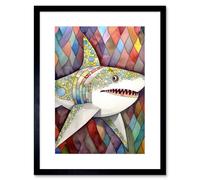Artery8 Wall Art Print Great White Shark Folk Art Watercolour Painting Artwork Framed 9X7 Inch in Black | Size: W7" x H9" Artery8 Black W7" x H9"