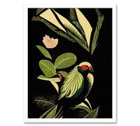 Artery8 Wall Art Print Green Black Modern Vintage Tropical Plant Leaves with Bird Art Framed in White | Size: W12" x H16" Artery8 White W12" x H16"