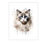 Artery8 Wall Art Print Grey Point Ragdoll Cat Blue Eyes Lovers Gift Watercolour Pet Portrait Painting Artwork Poster | Size: W12" x H16" Artery8 Multicolor W12" x H16"