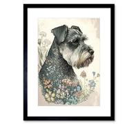 Artery8 Wall Art Print Grey Schnauzer Dog And Spring Flowers Boho Portrait Watercolour Artwork Framed 9X7 Inch