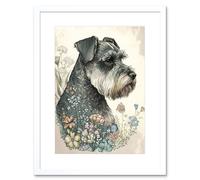 Artery8 Wall Art Print Grey Schnauzer Dog & Spring Flowers Boho Portrait Watercolour Artwork Framed 9X7 Inch in White | Size: W7" x H9" Artery8 White W7" x H9"