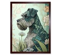 Artery8 Wall Art Print Grey Schnauzer Dog with Floral Pattern Fur Coat in Flowers Modern Watercolour Art Framed in Brown | Size: W12" x H16" Artery8 Brown W12" x H16"