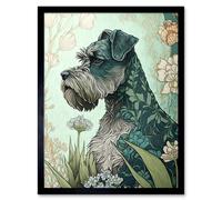 Artery8 Wall Art Print Grey Schnauzer Dog with Floral Pattern Fur Coat in Flowers Modern Watercolour Art Framed in Black | Size: W12" x H16" Artery8 Black W12" x H16"