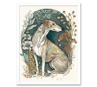 Artery8 Wall Art Print Greyhound Dog in Flower Field Modern Pastel Boho Watercolour Art Framed in White | Size: W12" x H16" Artery8 White W12" x H16"